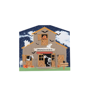 3/4" thick wooden Halloween-themed barn with pumpkins, ghosts, and skeletons against a night sky.