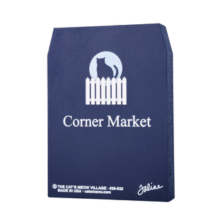 3/4" thick wooden cutout with 'Corner Market' branding and white text on a white background