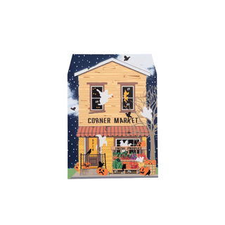 3/4" thick wooden Illustration of a Halloween-themed corner market with ghosts and pumpkins.