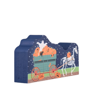 Halloween-themed 3/4" thick wooden cutout with pumpkins, a ghost, and a skeleton horse on a blue background.