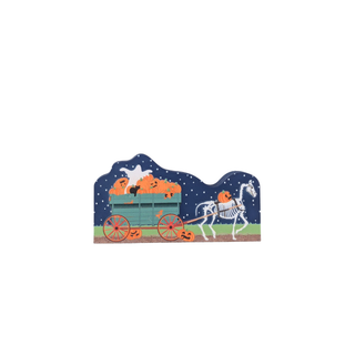 3/4" thick wooden Halloween-themed decorative cutout with a wagon, pumpkins, and skeleton horse on a dark blue background.