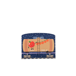 3/4" thick wooden train cutout with a barrel design featuring an apple character on a blue background