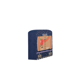 3/4" thick wooden cutout train with cartoon apple design on a white background