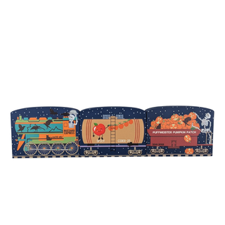 3/4" thick wooden Colorful train with Halloween-themed carriages on a white background