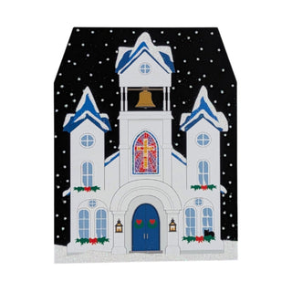 3/4" thick wooden replica with an illustration of a church design on a black background with white snowflakes
