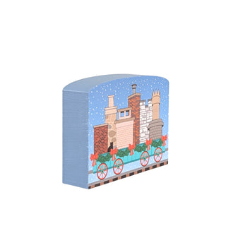 3/4" thick wooden replica with an illustration of a  festive train design on a white background