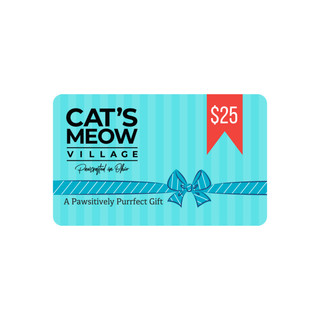 Cat's Meow Village gift card with a blue design and red banner displaying $25.