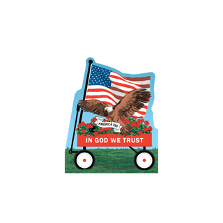 A patriotic 3/4" thick wooden design featuring a large American flag behind a brown bald eagle with outstretched wings flying over red flowers. A red banner at the bottom reads 'IN GOD WE TRUST' and a small white banner says 'AMERICA 250'.