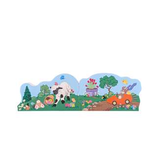 3/4" thick wooden replica with a cartoon landscape featuring a sheep, car, and trees on a white background.