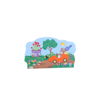 3/4" thick wooden replica with a Colorful illustration of a car driving through a scenic landscape with trees and flowers.