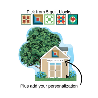 Wooden replica Shed with quilt block design above it, surrounded by trees and flowers, with text about quilt block options and personalization.