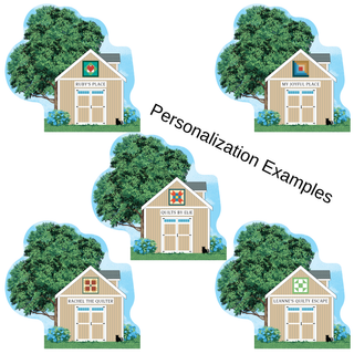 Four variations of a small wooden cabin with personalized names displayed.