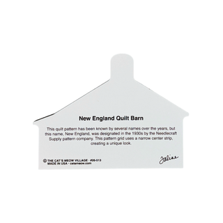 A house-shaped paper quilt pattern insert for 'New England Quilt Barn' by The Cat's Meow Village, featuring black text on a white background.