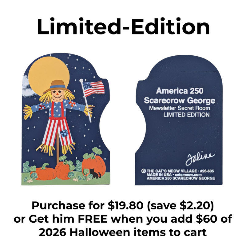 Limited-edition America 250 Scarecrow George collectible card shown in front and back views on a white background with promotional text.