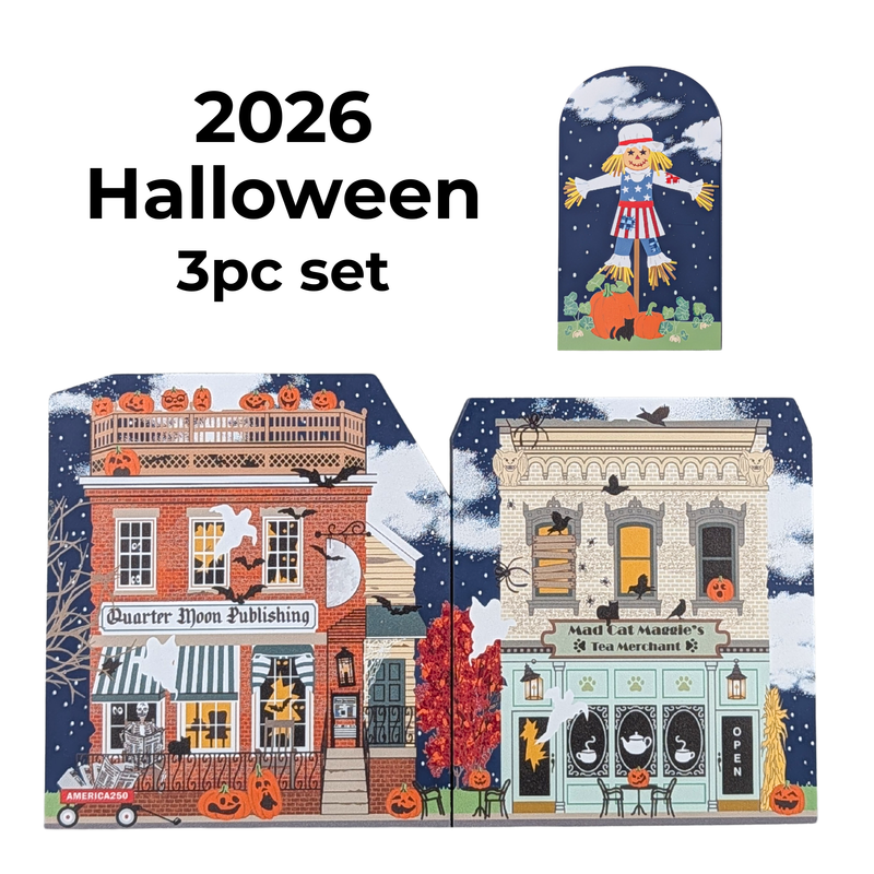 Wooden 3/4" replicas that feature a patriotic scarecrow, a book publishing company called the Quarter Moon Publishing and a Tea Merchant called Mad Cat Maggies all with ghosts and jack o lanterns 