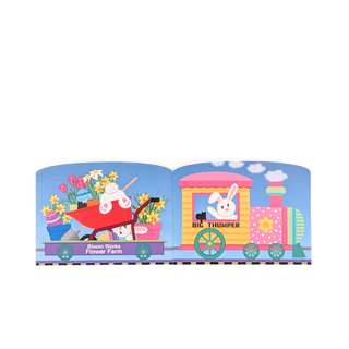 3/4" thick wooden replica with an Illustration  with a colorful train illustration on a white background