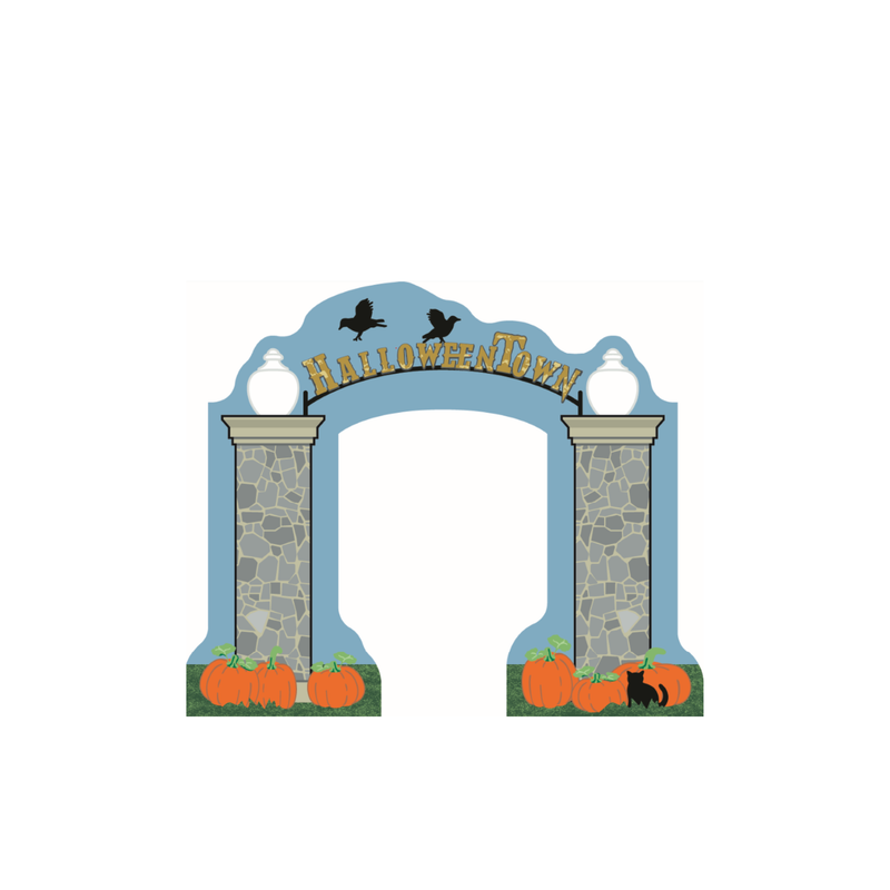 3/4" wooden replica with an illustration of a Halloween arch decoration with stone pillars, orange pumpkins, black crows, a black cat, and 'Halloween Town' lettering on a white background.