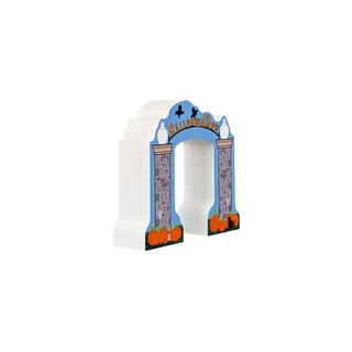 3/4" thick wooden replica with an illustration of a A Halloween-themed wooden arch decoration with a blue top, gray stone pillars, orange pumpkins, and a 'Halloween Party' banner, isolated on a white background.