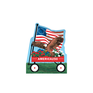 3/4" thick wooden replica with an illustration of an  American flag, eagle, and 'AMERICA250' text on a white background
