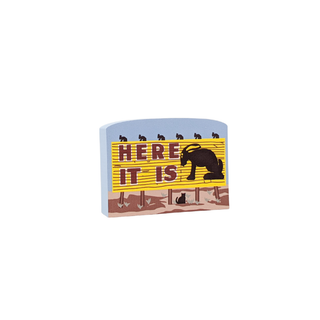 3/4" thick wooden Decorative sign with jackrabbit illustration and text 'HERE IT IS' on a white background