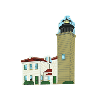 3/4" thick wooden Illustration of a lighthouse and building on a white background