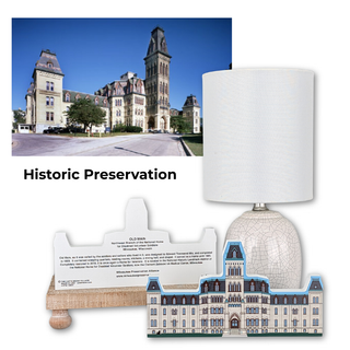 Lamp with decorative base featuring a building design and text, alongside an image of a historic building.