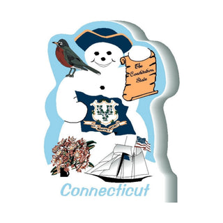 3/4" thick wooden Illustration of Connecticut with a snowman, robin, flag, and ship on a white background