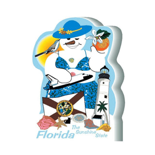 3/4" thick wooden Illustration of a snowman in Florida attire with lighthouse and state symbols