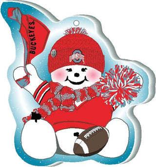 3/4" thick wooden replica with an illustration Snowman with Ohio State University theme holding a football, pom-pom, and banner.