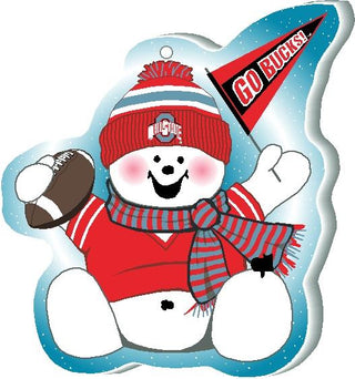 3/4" thick wooden replica with an illustration  of a Snowman with football, red hat, and scarf holding a 'GO BUCKS!' flag on a white background