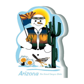 3/4" thick wooden Arizona-themed model with snowman, cactus, and state flag on a white background