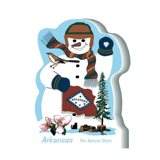 3/4" wooden replica with an illustration of a Snowman design shaped like the state of Arkansas with winter elements.