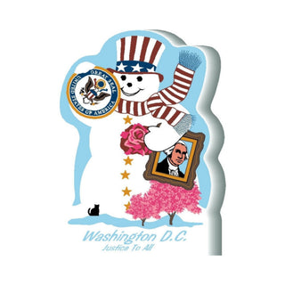3/4" thick wooden Illustration of a snowman with American-themed elements, including the Great Seal of the United States and a portrait of a historical figure, set against a blue background.