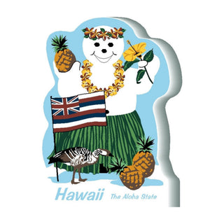 3/4" thick wooden snowman model in a hula outfit with Hawaiian elements on a blue background