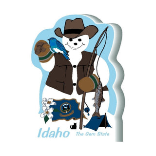 3/4" thick wooden Snowman with fishing gear and Idaho flag on a white background