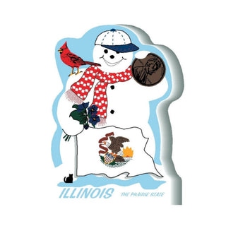 3/4" thick wooden Snowman with a red cardinal, checkered scarf, and Illinois state emblem on a white background