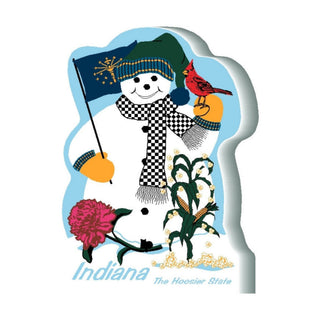 3/4" thick wooden Snowman with Indiana flag, cardinal, corn, and flowers on a blue background