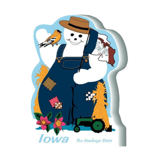 3/4" thick wooden Illustration of a snowman in overalls with Iowa text and state symbols.