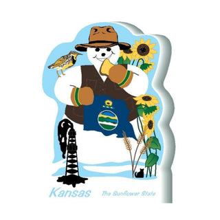 3/4" thick wooden of a Snowman with Kansas flag, sunflowers, and a lark on a blue background