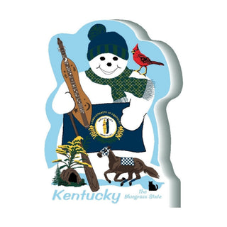 3/4" thick wooden Snowman with Kentucky symbols including a banjo, horse, and cardinal on a blue background