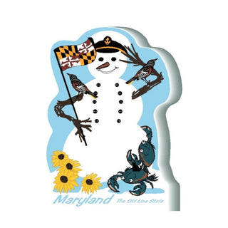3/4" thick wooden Snowman with Maryland flag, crab, and sunflowers on a blue background