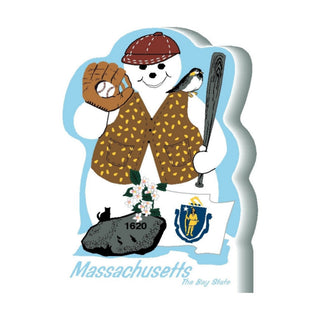 3/4" thick wooden Illustration of a snowman with a Massachusetts theme, including a baseball glove, bat, and state emblem.