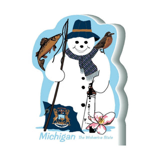 3/4" thick wooden Snowman with fishing rod, bird, and Michigan flag on a blue background