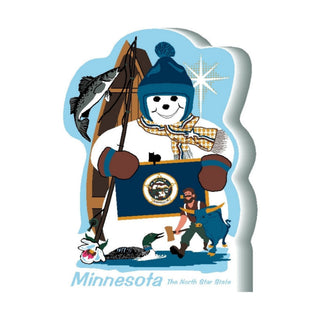 3/4" thick wooden Illustration of a bear in winter clothing with Minnesota flag and loon, featuring the text 'Minnesota The North Star State'.