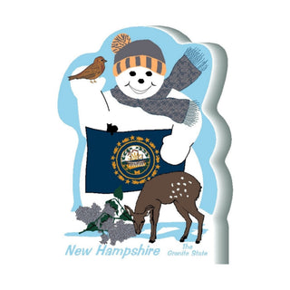 3/4" thick wooden Snowman with New Hampshire flag, deer, and bird on a blue background