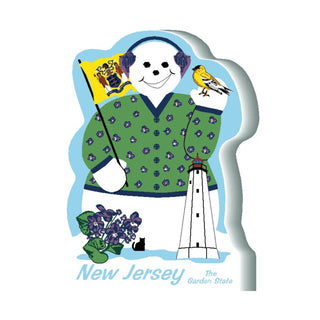 3/4" thick wooden Illustration of a snowman with New Jersey symbols including a flag, bird, lighthouse, and flowers.
