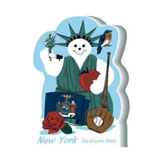 3/4" thick wooden cutout of a snowman dressed as the Statue of Liberty holding an apple, with a bluebird, baseball glove, and New York state flag.