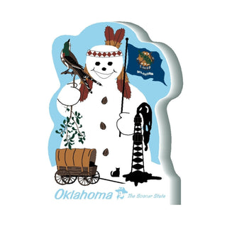 3/4" thick wooden cutout Snowman with Oklahoma flag, Native American headdress, and state symbols on a blue background