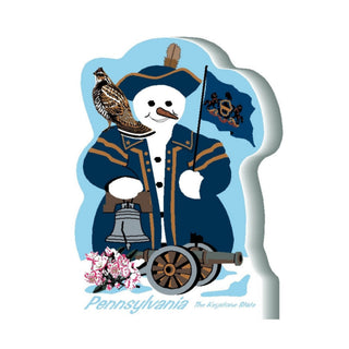 3/4" thick wooden cutout Snowman in a blue coat with a flag, cannon, and bird, labeled 'Pennsylvania'.