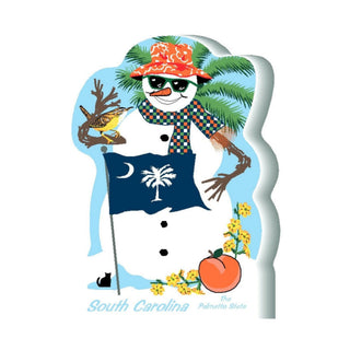 3/4" thick wooden cutout of Snowman with South Carolina flag, palm tree, and wren on a blue background